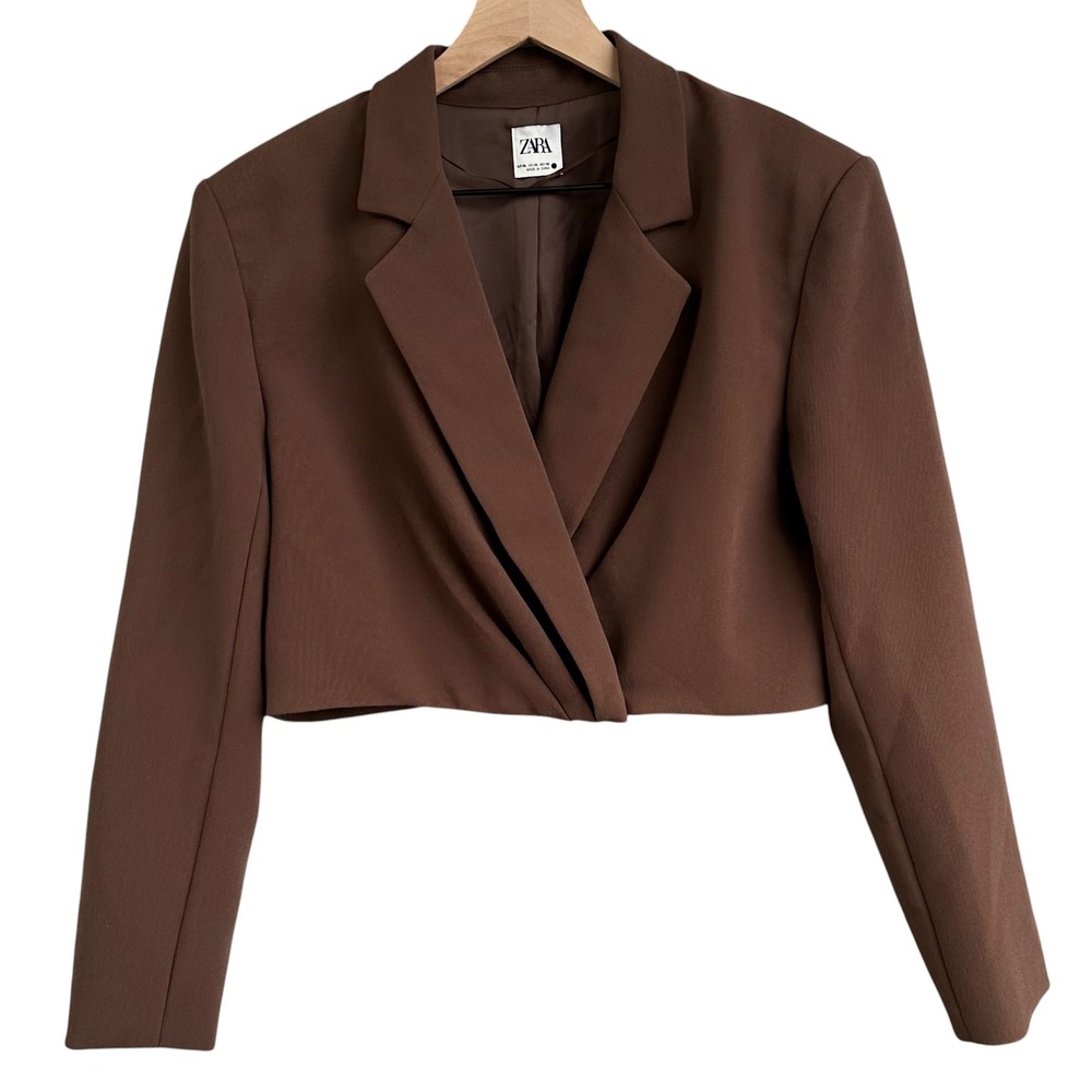 Zara Womens Cropped Wrap Blazer Brown Notched Lapel Long Sleeve Size XL